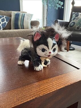 Vintage mid-century ceramic and real-fur cat figurine made in Japan
